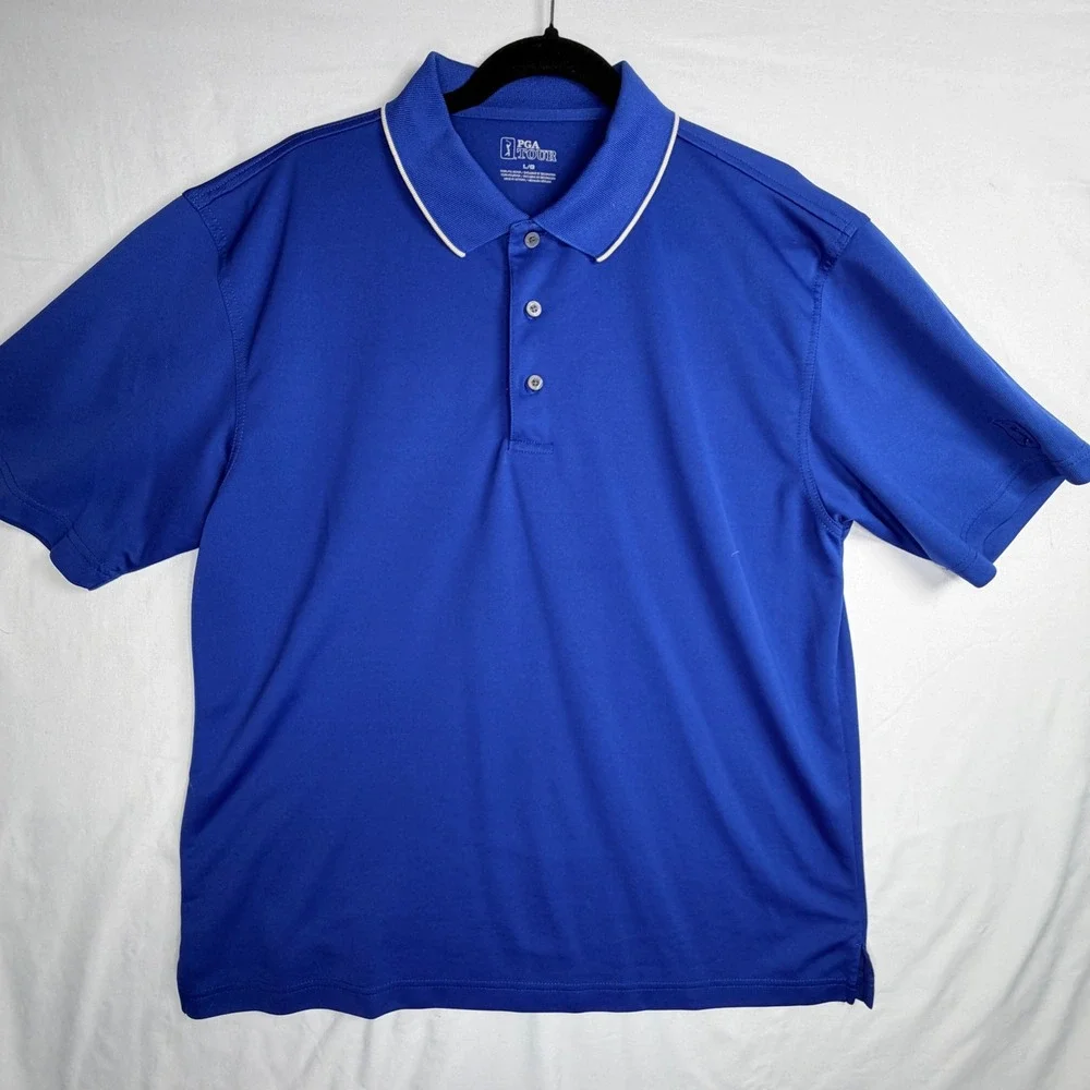 PGA Tour Polo Shirt Large Blue Short Sleeve Tipped Collar Performance Golf